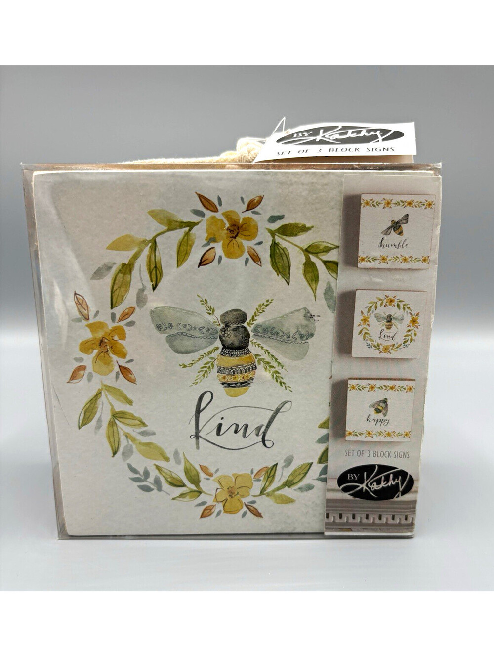 By Kathy Set of 3 Wood Bee Block Signs Farmhouse Freestanding Humble Kind Happy